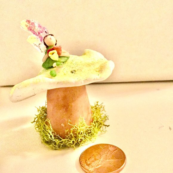 Mini Shroomie & Magical Fairy holding flowers, Swarovski Crystals in Cap! - Picture 3 of 7